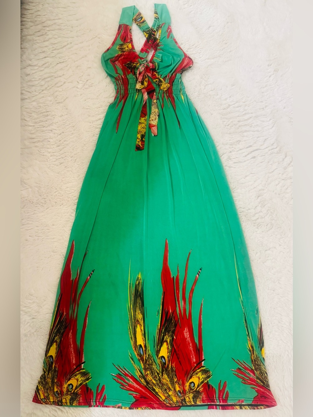 Green Halter Maxi Dress with Red & Yellow Feather Motif